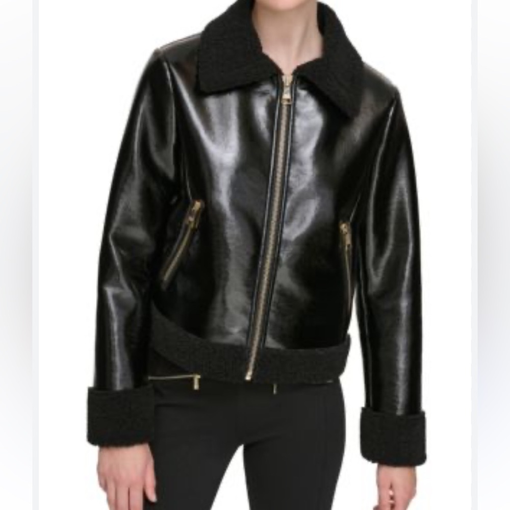 KARL LAGERFELD PARIS Black
Faux Shearling Bomber Coat Jacket Size S